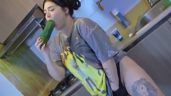 Big Tits Babe Enjoys A Huge Cucumber In Her Pussy