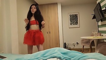 Gift Her With A Hot Fuck, Beautiful Babe In Red Skirt And Without Panties