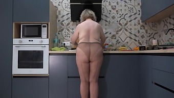 Curvy Wife In Nylon Pantyhose Serves Up Breakfast And A Seductive Show